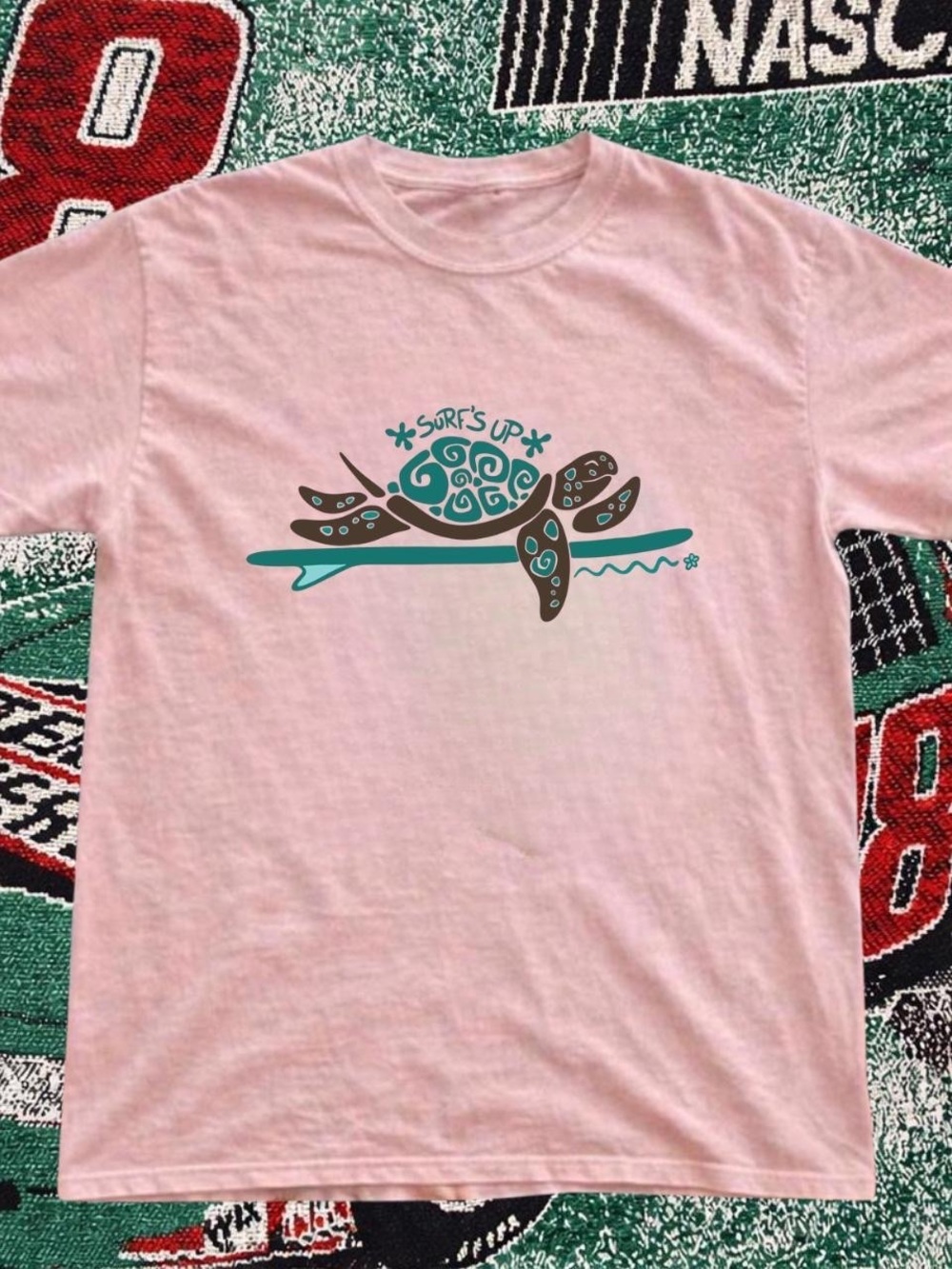 Gildan Pink Tee with Teal & Brown Sea Turtle Graphic